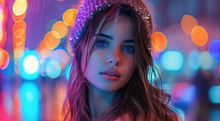Beautiful young woman is immerse into the vibrant energy of a city night, where neon lights paint the streets with mesmerizing hues. Generative AI. - obrazy, fototapety, plakaty