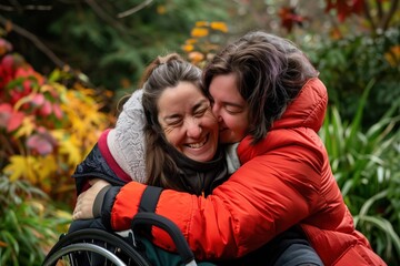 Heartwarming Hug Between Able-bodied and Disabled Women in Fall - obrazy, fototapety, plakaty