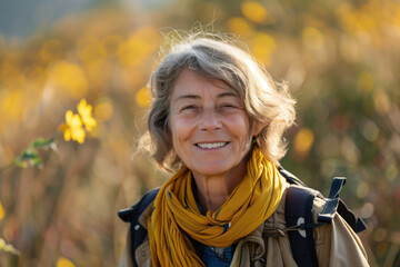 Smiling mature woman with grey hair, wearing a yellow scarf, outdoors among yellow flowers