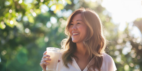 Lifestyle portrait of pretty smiling Asian woman outside holding cup of refreshing drink