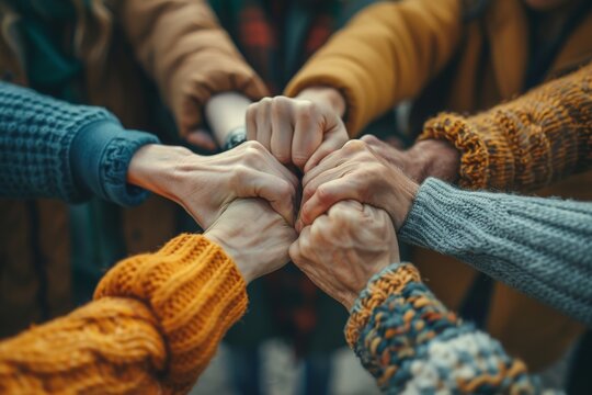 Group of arms and hands in a circle of multiethnic diverse people, Unity concept, no room for racism.