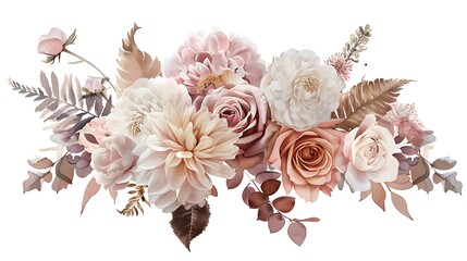 Dusty pink and ivory beige rose, pale hydrangea, peony flower, fern, dahlia, ranunculus, protea, fall leaf bunch of flowers. Floral pastel watercolor style wedding bouquet. Isolated. Generative Ai