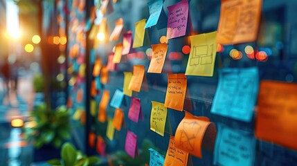 Creative brainstorming session with colorful sticky notes on glass. Generative AI. - 746336737