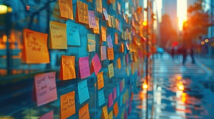 Creative brainstorming session with colorful sticky notes on glass. Generative AI.