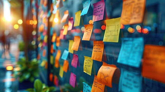 Creative brainstorming session with colorful sticky notes on glass. Generative AI.