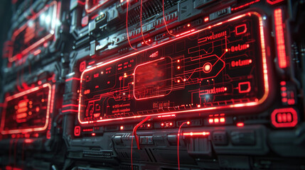 Fototapeta premium Hi-tech control computer panel screen, red neon connections coming from the screen in multiple sides. Generative AI.