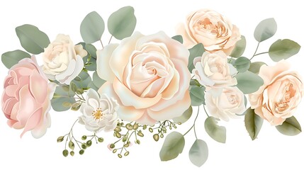 Dusty pink blush, white and creamy rose flowers design wedding bouquets. Eucalyptus, greenery. Floral pastel watercolor style. Blooming spring floral card. Elements are isolated. Generative Ai