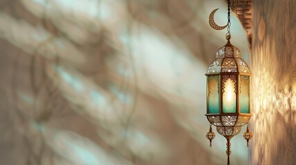 oriental colored lantern Ramadan and Crescent moon in border islamic, With White and gold color background