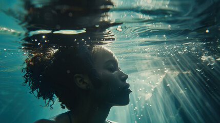 Black woman with head under ocean water looking calm, serene, peaceful and meditative with crepuscular god rays penetrating the surface of the water. Thalassotherapy, cold seawater therapy, meditation - obrazy, fototapety, plakaty