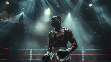 Fototapeta na wymiar Boxing champion roaring with spotlight on a ring. Generative AI.