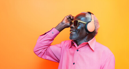 Portrait of modern senior african man listening and feeling good music in sunglasses and wireless headphones on a yellow wall background with copy space