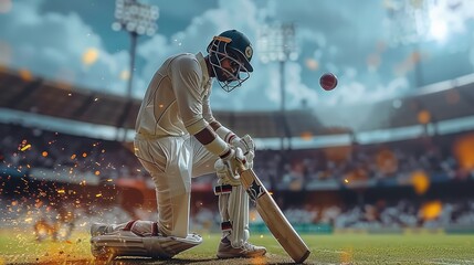 A man plays cricket on stadium. Generative AI. - obrazy, fototapety, plakaty