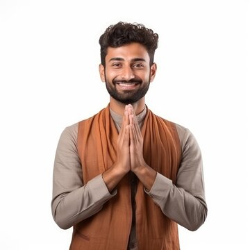 Indian Man Doing Namaste, India Welcome Gesture, Indian Man in Traditional Clothing Meeting Guests