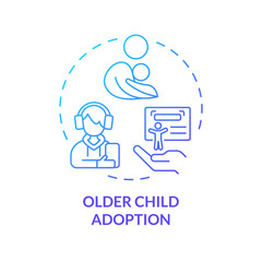 Older child adoption blue gradient concept icon. Find family for teenager. Teen caregiver. Loving and caring parent. Round shape line illustration. Abstract idea. Graphic design. Easy to use