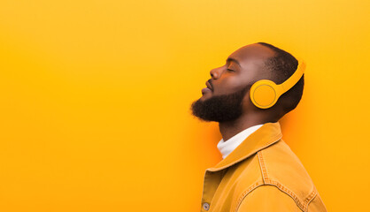 Portrait of a young african man with pleasure face, closed eyes listening and enjoying good music on a yellow color background and copy space - obrazy, fototapety, plakaty
