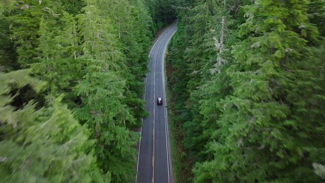 Travelers exploring Washington National Parks. Modern SUV vehicle driving along evergreen forest road. USA tourism industry concept. Aerial car driving through beautiful highway in scenic woodlands