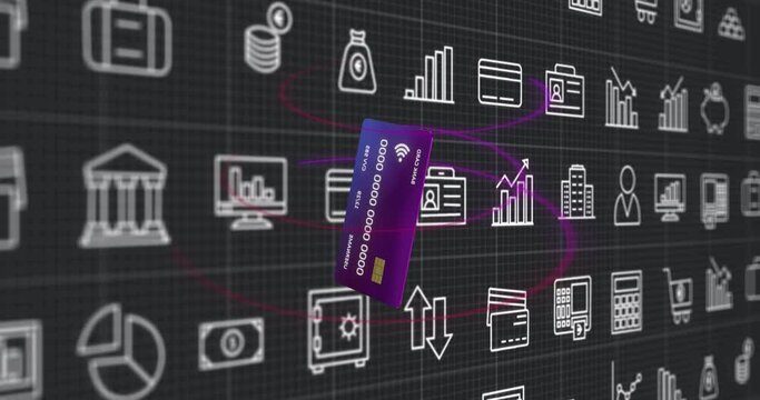 Animation of currency icons and credit card over black background