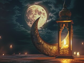 Ramadan kareem with golden moon and lantern, 32k, uhd, realistic photography, --ar 4:3 --v 6 Job...