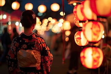 Orient New Year, Japanese Traditional Holiday Festivals with Shrines, Stalls, Lanterns, Yukata Drums - obrazy, fototapety, plakaty