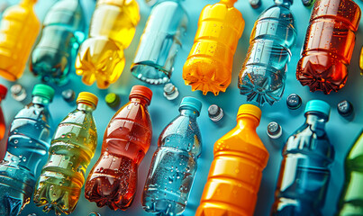 Assorted plastic bottles scattered across a blue background, depicting the issues of plastic use and the need for recycling and sustainability