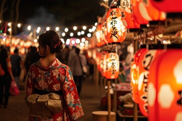 Orient New Year, Japanese Traditional Holiday Festivals with Shrines, Stalls, Lanterns, Yukata Drums - obrazy, fototapety, plakaty