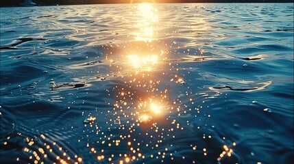 Close shot looking down at sunlight glistening over the ripples of water on a lake, clean water. Generative AI.