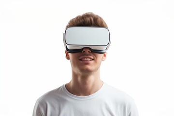 Smiling man immersed in virtual world with sleek VR headset experiencing cutting-edge 3D technology