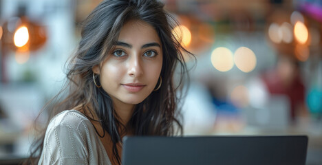 Obraz premium IT Indian woman sitting at a work desk in the modern office, looking at laptop screen. Generative AI.
