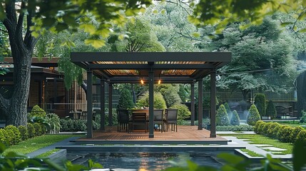 Gazebo for cafe restaurant in green environment, modern and minimal. Generative AI.
