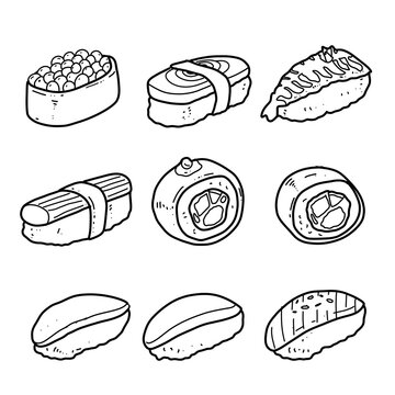 Set sushi food bw black white monochrome ideas icons stickers food vector images pictures menu coloring page kids name birthday party sashimi delicious cartoon illustration drawing