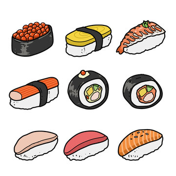 set of sushi sticker logo aesthetic food japan party birthday vector illustration cartoon hand drawing icon kids card invitation drawing pictures fun 