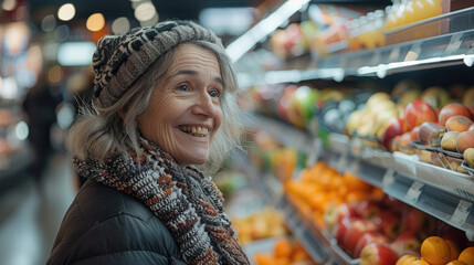 Smiling mature woman shopping for food at a supermarket. Generative AI. - obrazy, fototapety, plakaty