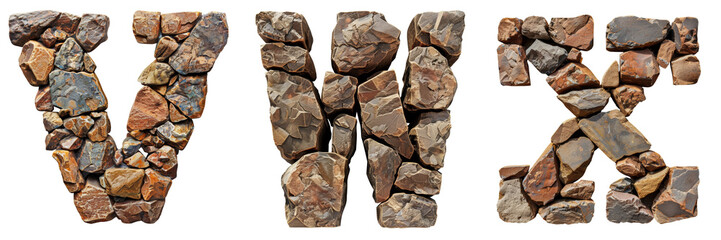 Brown Rocks Letters: V, W, X Isolated on Transparent or White Background, PNG