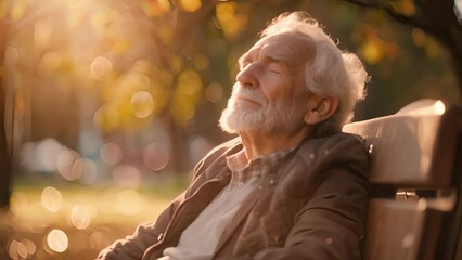 An elderly man sitting on a park bench his eyes closed and a faint smile on his face as he listens to the birds singing and the gentle hum of a new day beginning.