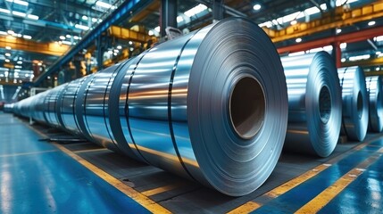 Rolls of galvanized sheet steel in the factory. Large rolls of metal coils in the warehouse. Generative AI.