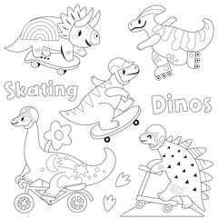 Black and white skating dinos collection. Cartoon dinosaurs ride on skates, rollers and bicycle in outline - 746339756
