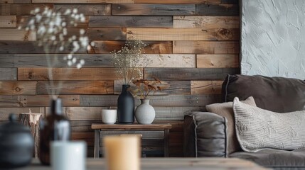 Close-up wooden living room wall - obrazy, fototapety, plakaty
