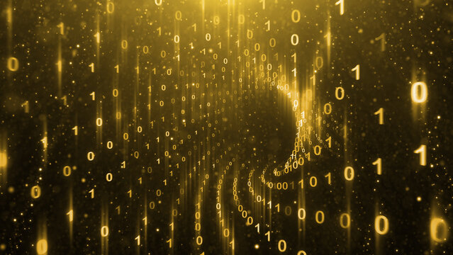 Gold coloured binary numbers cyberspace tunnel illustration background.