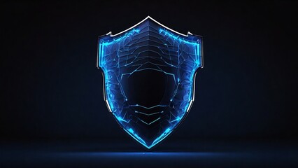 Futuristic 3d security shield made of linear polygons with neon lights on dark blue background. Modern business It, online, cyber safety and protect concept. - obrazy, fototapety, plakaty
