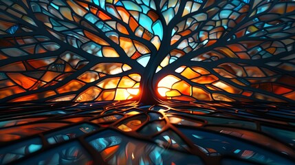 A close up of a stained glass tree with a sky background
