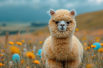 Happy alpaca, the life of the party, wearing trendy sunglasses, with whimsical balloons floating on a sunny day