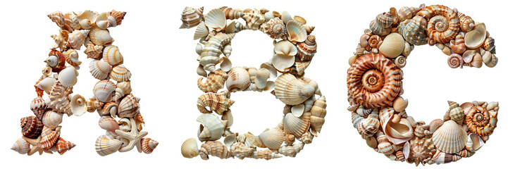 Beach Shell Letters_ABC Isolated on Transparent or White Background, PNG