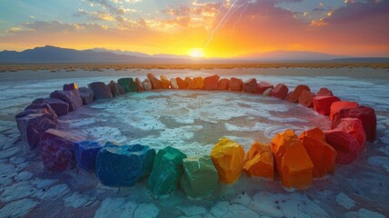 Lightning awakening ancient magic in a rainbow-colored stone circle, a portal to another dimension - obrazy, fototapety, plakaty