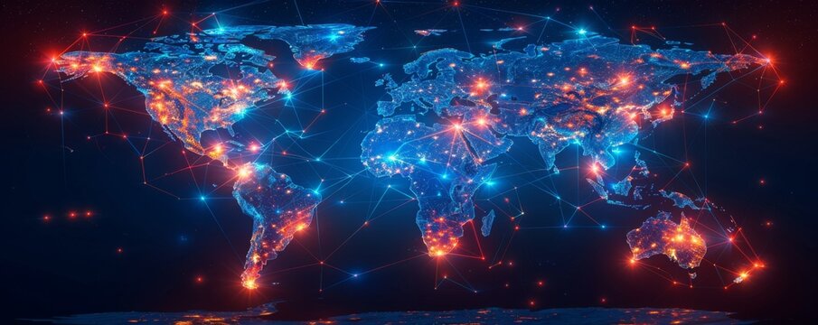 Interconnected nodes across a virtual world map, glowing lights symbolizing the pulse of worldwide internet activity