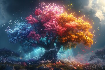 A lightning-struck tree blossoming into a rainbow of flowers, a symbol of power and rebirth in a fantasy world
