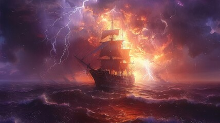 A spectral ship sailing through a stormy sea, guided by lightning and a rainbow compass