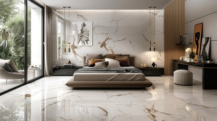 Interior design, a luxurious bedroom accentuated with elegant marble patterns seamlessly integrated into the walls and flooring, creating a serene sleep sanctuary