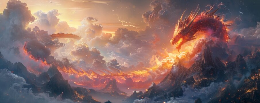 A dragon of lightning and rainbows emerging from a mountain, heralding a new era of power and mystery