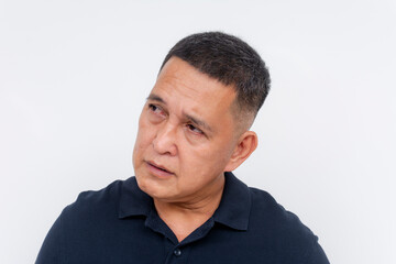 Fototapeta premium Portrait of a worried middle-aged Asian man looking aside. Wrinkles on forehead. Isolated on white background.