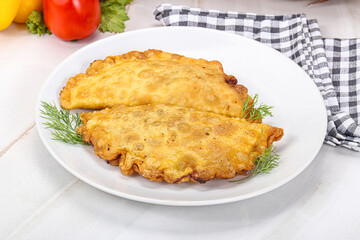 Homemade fried cheburek with meat